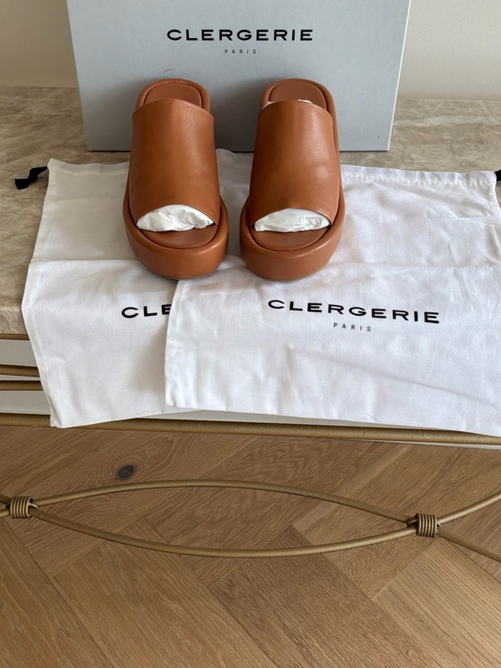 NIB Robert Clergerie Cognac Dodie or Dorice Leather Slide Mules sz 36 or US 6